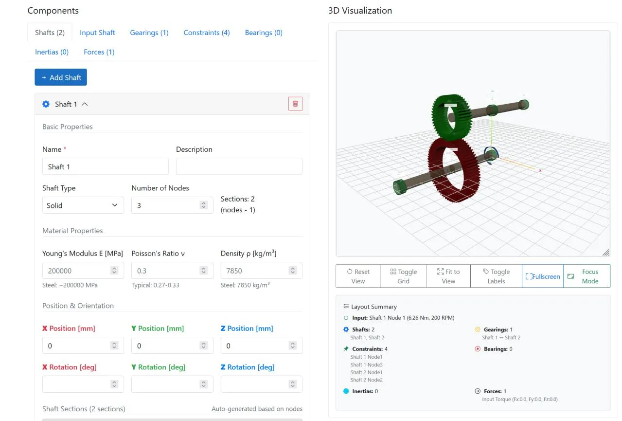 Screenshot of the GeDy TrAss platform: on the left the form for a shaft with material, position and nodes, on the right the 3D view of two meshing gears on their shafts.
